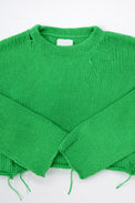 Suss knits green crewneck sweater hand loomed in a cotton wool blend and cropped with distressing