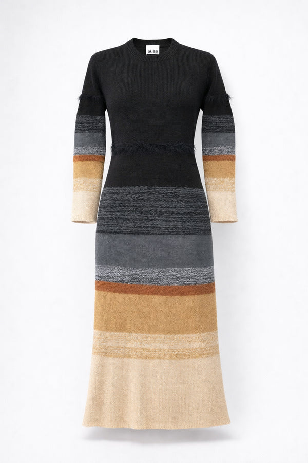 Suss variegated knit cotton dress in neutral tones shown with soft structure to highlight fit and silhouette