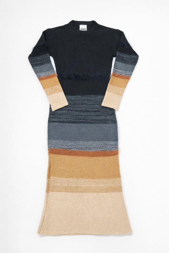 Suss knit cotton sweater dress with variegated stripe pattern in neutral tones shown flat on light gray background