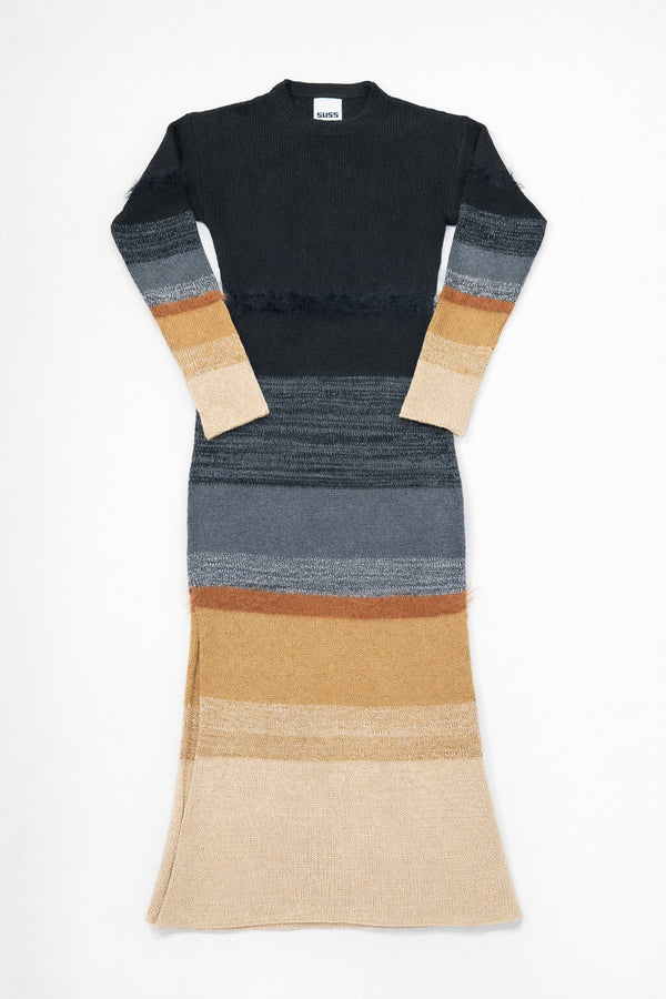 Suss knit cotton sweater dress with variegated stripe pattern in neutral tones shown flat on light gray background