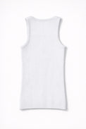 Back view of white ribbed knit tank top with structured fit, made from recycled cotton and lycra