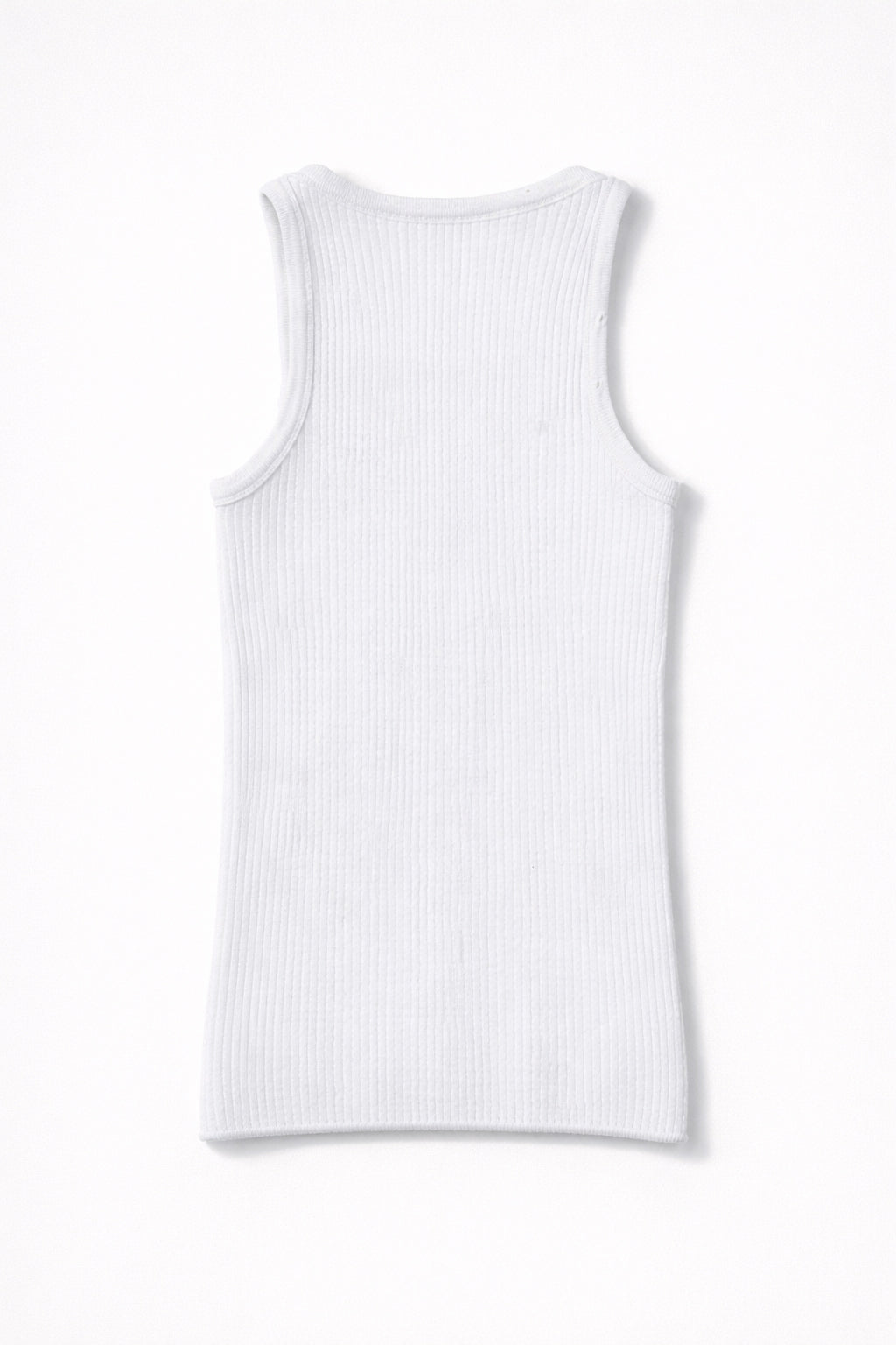 Back view of white ribbed knit tank top with structured fit, made from recycled cotton and lycra