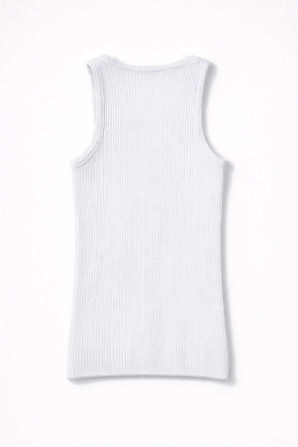 Back view of white ribbed knit tank top with structured fit, made from recycled cotton and lycra