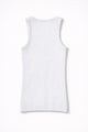 Back view of white ribbed knit tank top with structured fit, made from recycled cotton and lycra