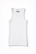 White ribbed knit tank top by Suss, made from recycled cotton and lycra, front view with structured fit