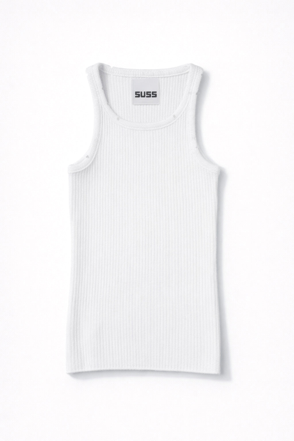 White ribbed knit tank top by Suss, made from recycled cotton and lycra, front view with structured fit
