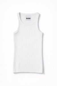 White ribbed knit tank top by Suss, made from recycled cotton and lycra, front view with structured fit