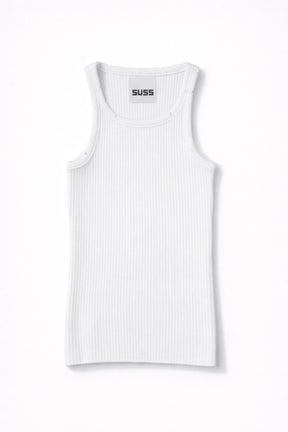 White ribbed knit tank top by Suss, made from recycled cotton and lycra, front view with structured fit