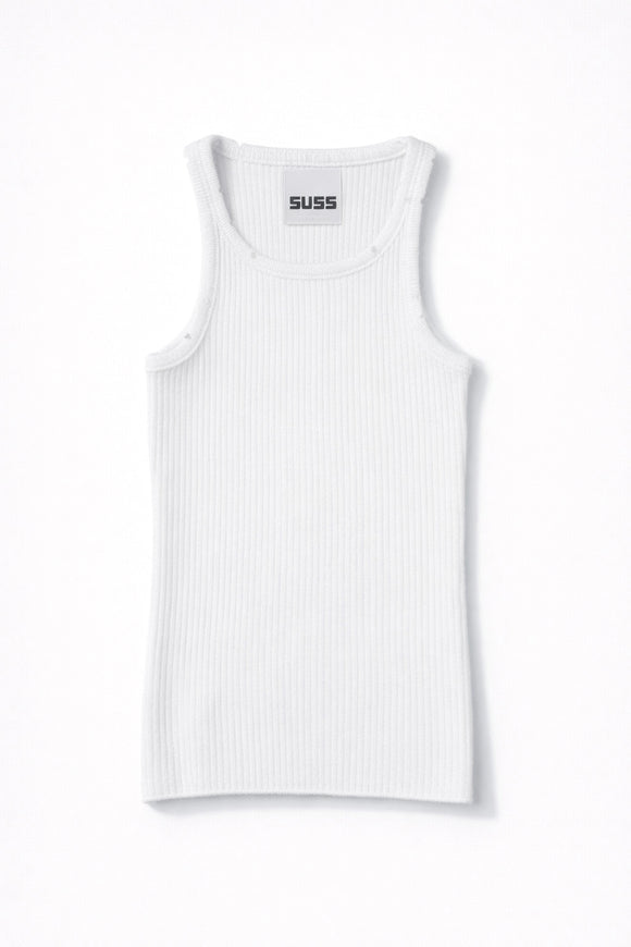 White ribbed knit tank top by Suss, made from recycled cotton and lycra, front view with structured fit