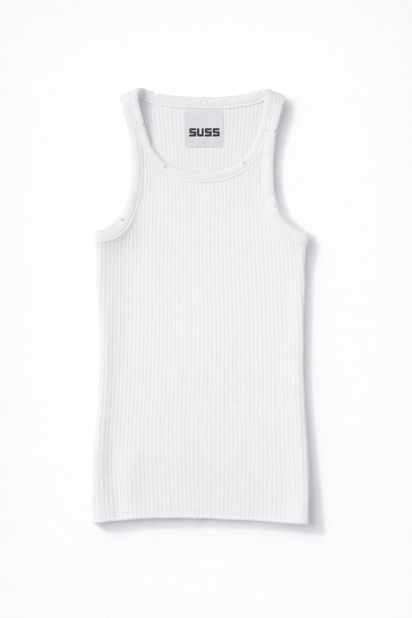 White ribbed knit tank top by Suss, made from recycled cotton and lycra, front view with structured fit