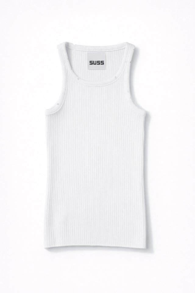 White ribbed knit tank top by Suss, made from recycled cotton and lycra, front view with structured fit