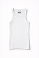 White ribbed knit tank top by Suss, made from recycled cotton and lycra, front view with structured fit