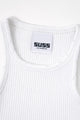 Close-up of white ribbed knit tank neckline with subtle tattered edge detail and Suss label