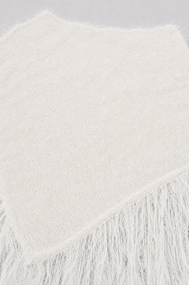 Fuzzy Fringe Knit Poncho - Cream