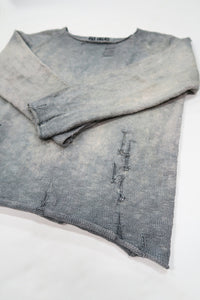 Suss Knits Archive Finish Raglan angled flat lay showing hand-dyed cotton knit and distressed details
