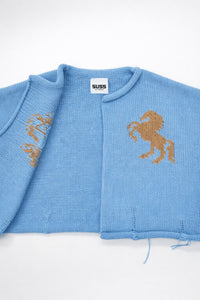 Interior knit detail of baby blue cotton cropped jacket by Suss Knits