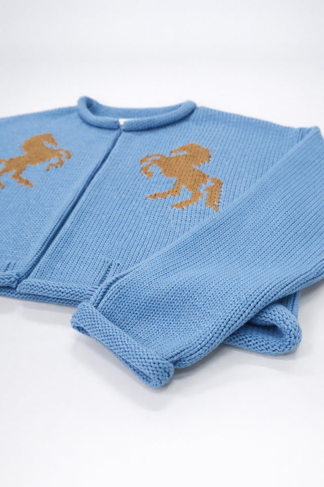 Angled close up of baby blue cotton horse knit jacket texture