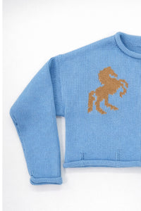 Sleeve detail of baby blue cotton knit jacket with horse motif