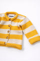 Angled view of cotton yellow striped baby knit cardigan showing texture detail