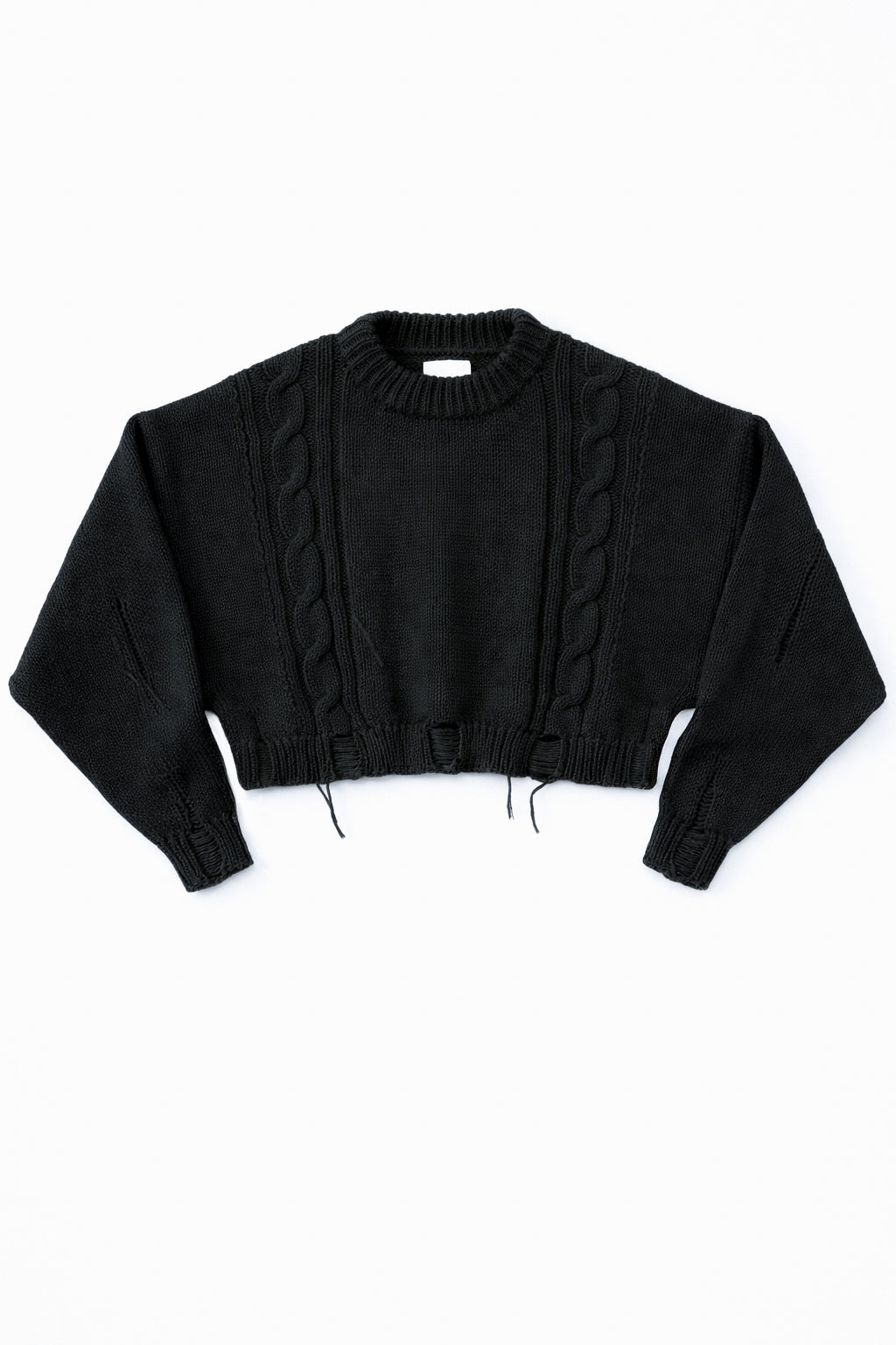 Charcoal black cropped cable knit sweater with distressed hem, chunky hand loomed cotton wool blend knit