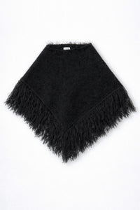 Black fuzzy knit fringe poncho in cotton and viscose by Suss Knits