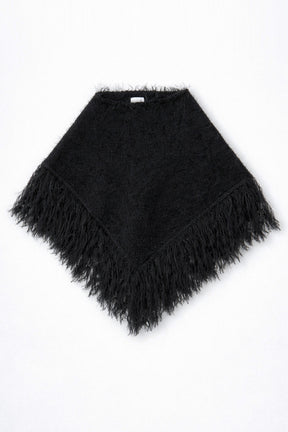 Black fuzzy knit fringe poncho in cotton and viscose by Suss Knits