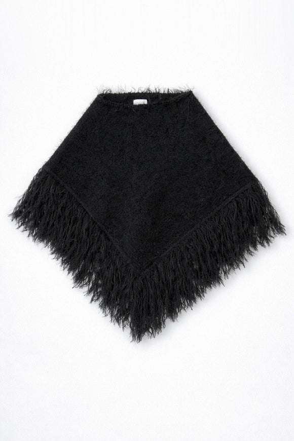 Black fuzzy knit fringe poncho in cotton and viscose by Suss Knits