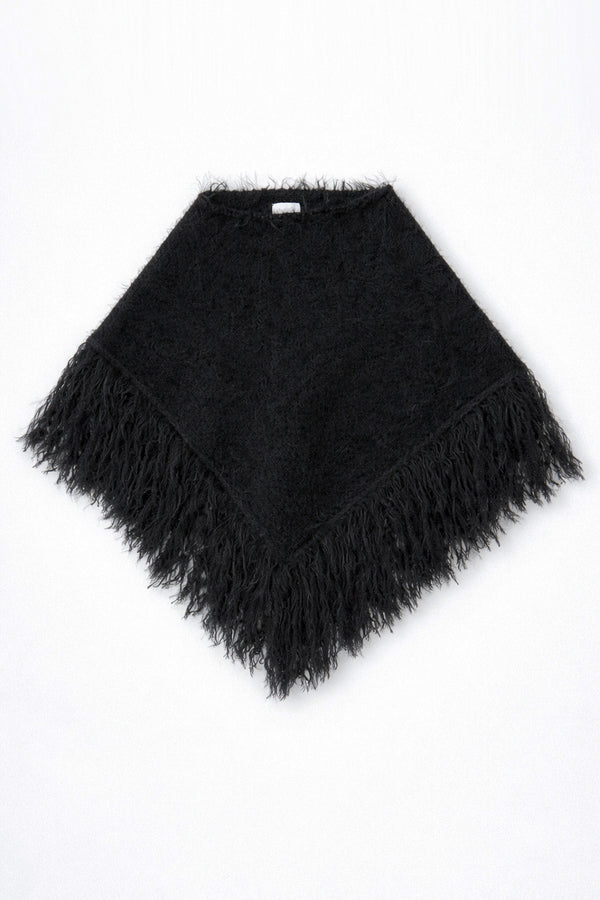 Black fuzzy knit fringe poncho in cotton and viscose by Suss Knits