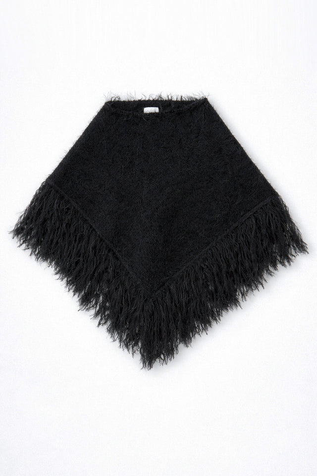 Black fuzzy knit fringe poncho in cotton and viscose by Suss Knits