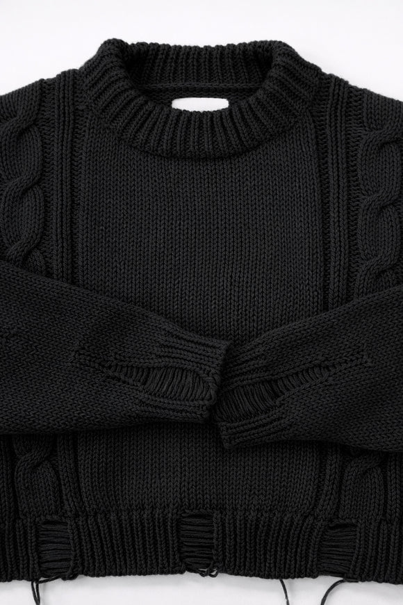 Ribbed crewneck and cuff detail on soft chunky black cotton wool blend sweater