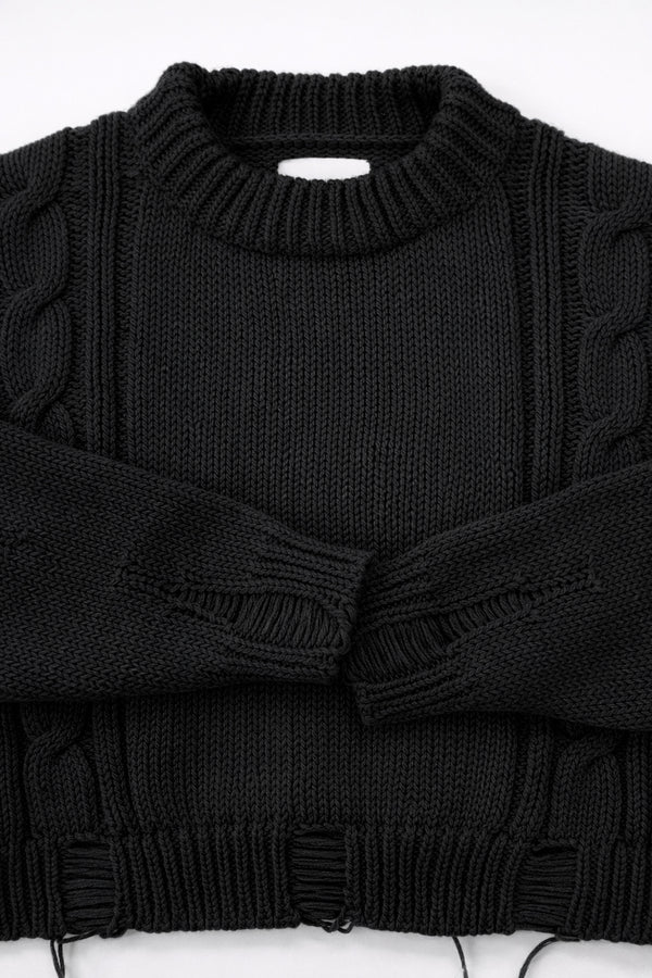 Ribbed crewneck and cuff detail on soft chunky black cotton wool blend sweater