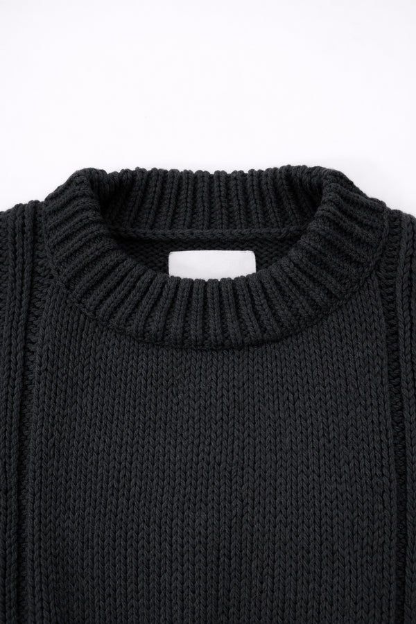 Ribbed crewneck detail on soft chunky black cotton wool blend sweater