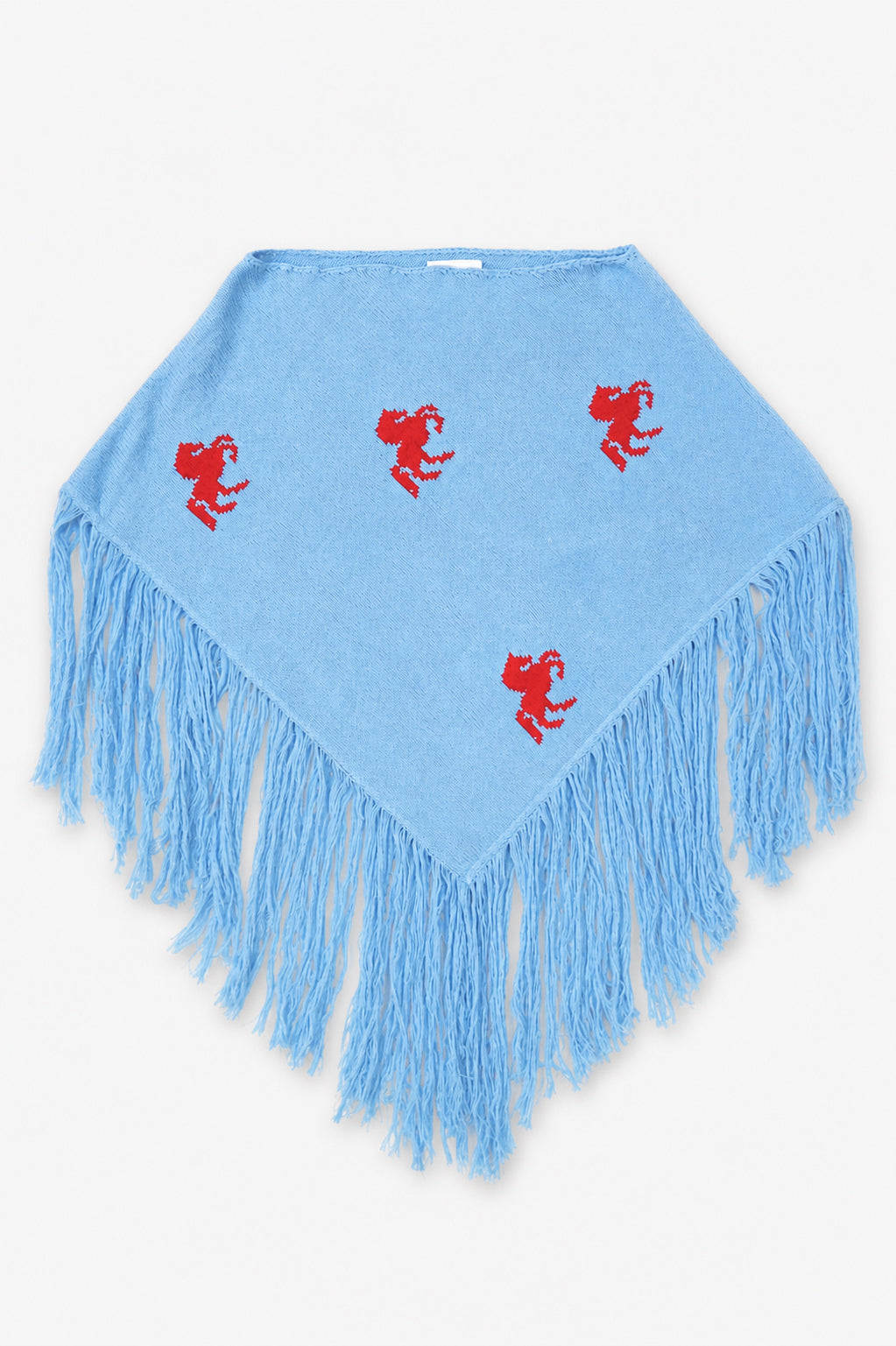 Baby blue recycled cotton poncho with red horse knit motif and fringe, hand loomed in Los Angeles