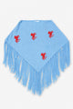 Baby blue recycled cotton poncho with red horse knit motif and fringe, hand loomed in Los Angeles