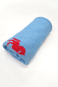 Blue cotton poncho rolled for packing showing compact travel-friendly design