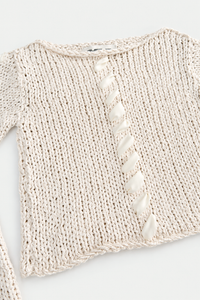 Ribbon Stitch Cropped Sweater - Cream