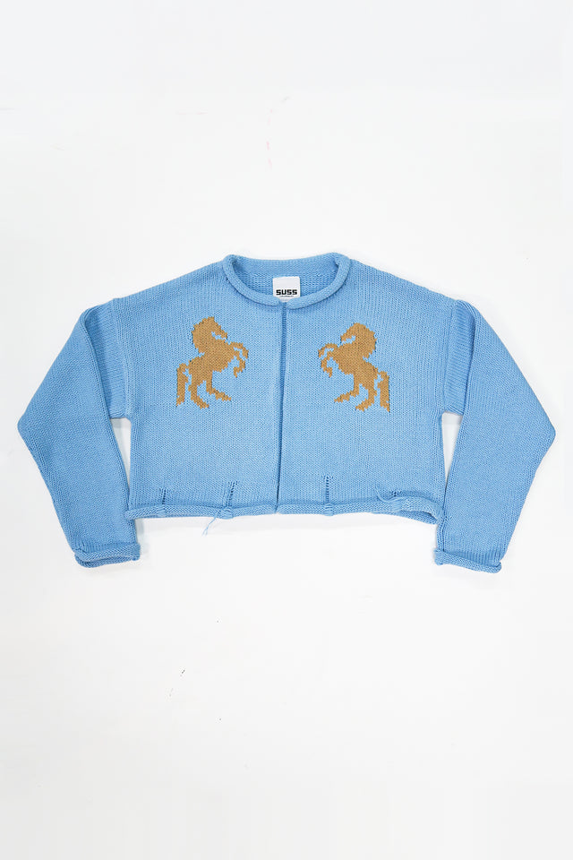 Baby blue cotton cropped knit jacket with tan horse design by Suss Knits front view