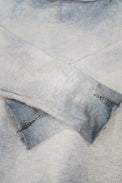 Close up detail of the archive finish cotton sweater cuffs with hand knit and hand dye and distressing techniques.