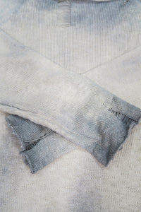 Close up detail of the archive finish cotton sweater cuffs with hand knit and hand dye and distressing techniques.