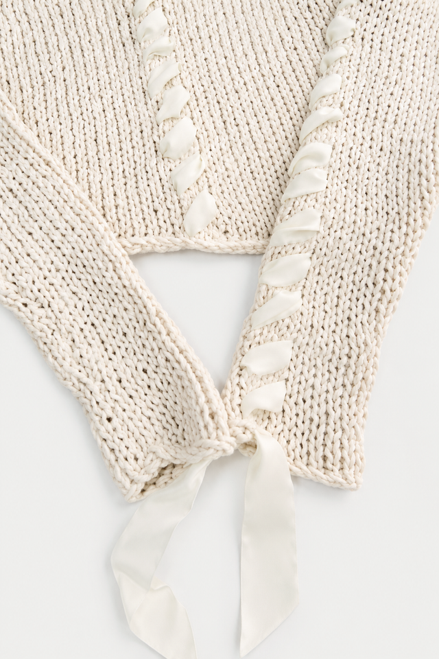 Ribbon Stitch Cropped Sweater - Cream