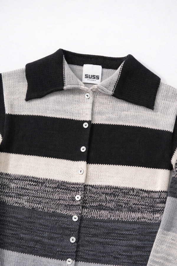 Close-up of hand-loomed collar knit directly from body on Suss Knits striped duster cardigan