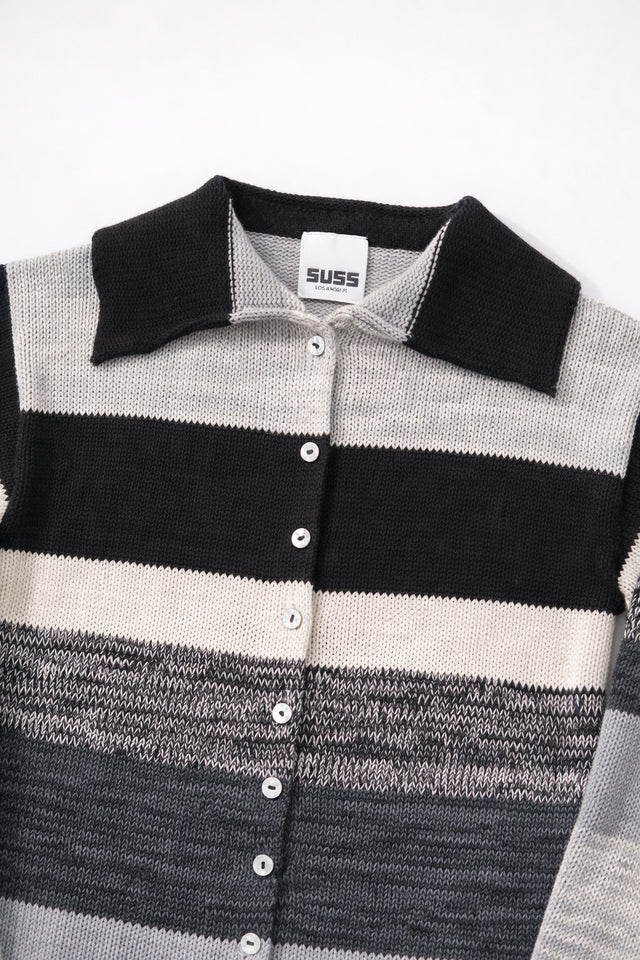 Close-up of hand-loomed collar knit directly from body on Suss Knits striped duster cardigan