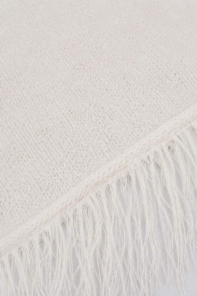 Fuzzy Fringe Knit Poncho - Cream
