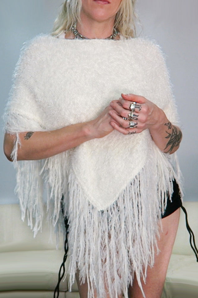 Fuzzy Fringe Knit Poncho - Cream