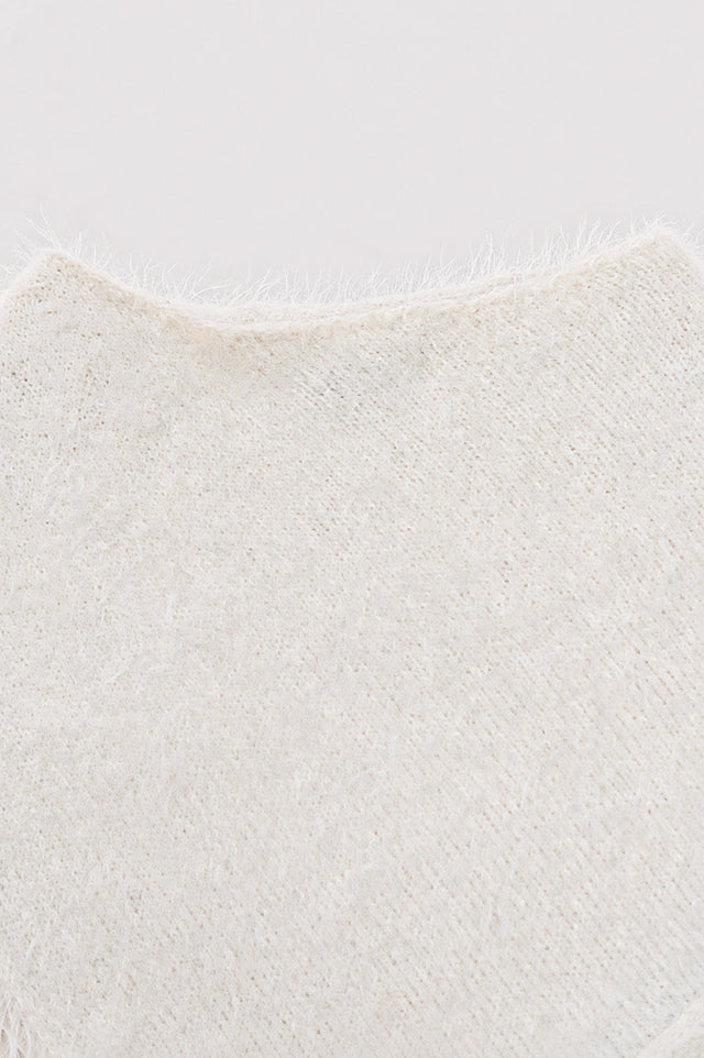 Fuzzy Fringe Knit Poncho - Cream