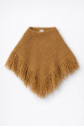 Front flat lay of camel fuzzy texture fringe poncho hand loomed in cotton and viscose knit by Suss Knits