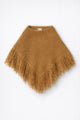 Front flat lay of camel fuzzy texture fringe poncho hand loomed in cotton and viscose knit by Suss Knits