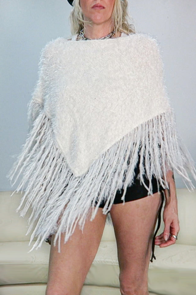 Fuzzy Fringe Knit Poncho - Cream