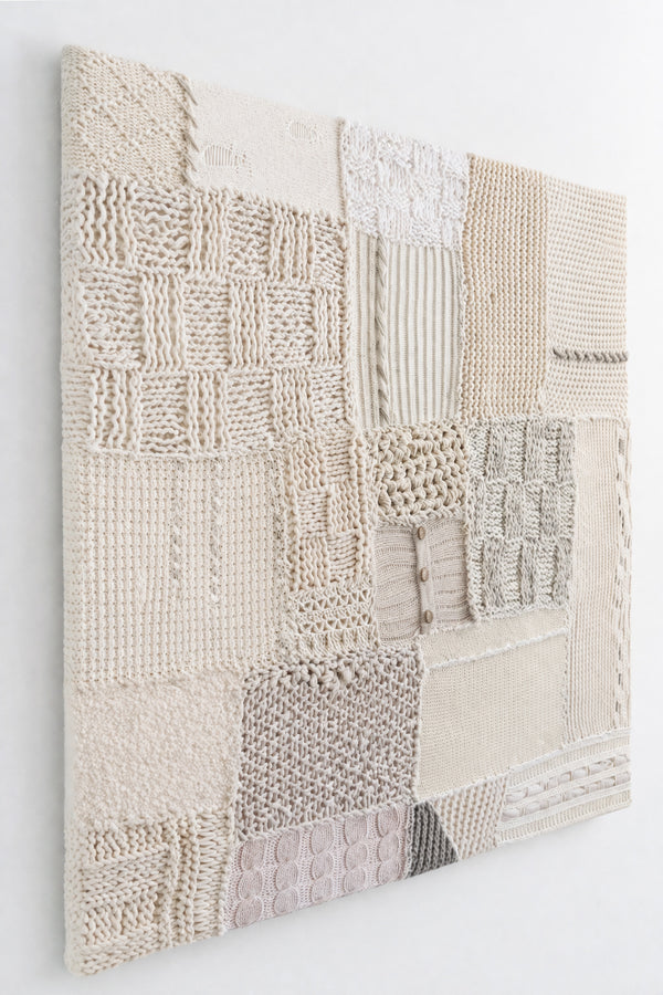 Side angle view of hand-stitched textile wall art detail showing embroidery and whip stitch construction on knit panels