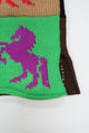 Close-up of horse intarsia knit with raw edge seam and side slit detail